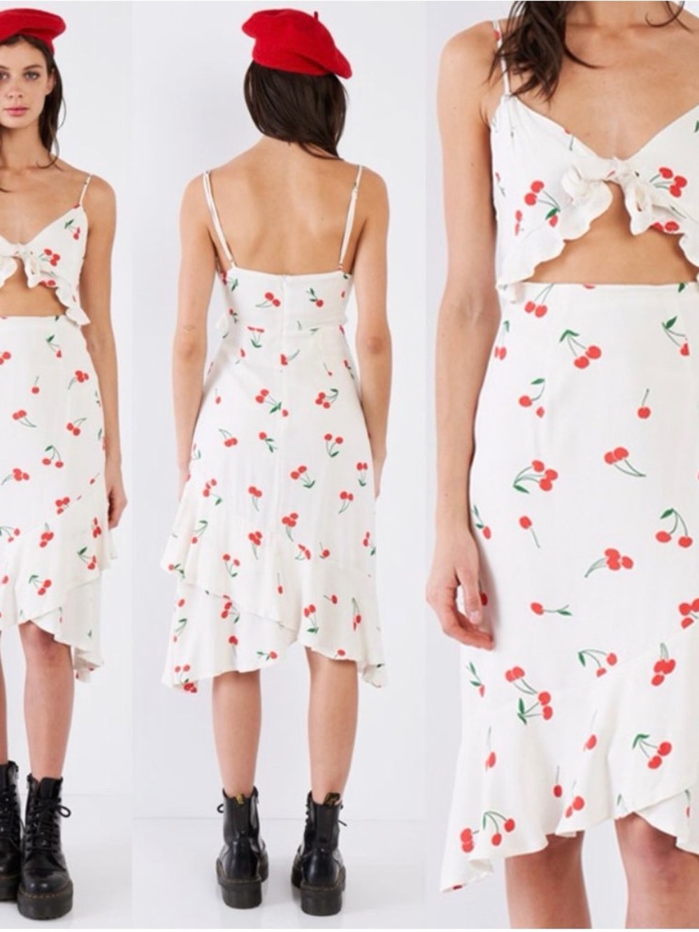 Cherry Bow Front Ruffle Wrap Retro Midi Dress | medium | etophe studio